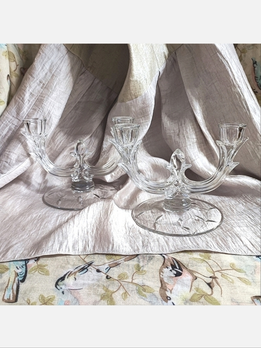 2 Dual Glass Candlesticks Candleabra Etched Branch Leaves Clear Glass EUC Candle